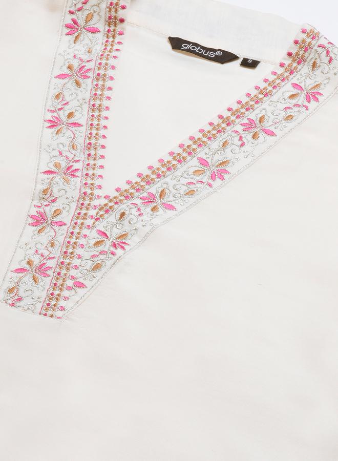 globus Women Off White Embroidered Straight Kurta with Pants and Dupatta Set - Image 3